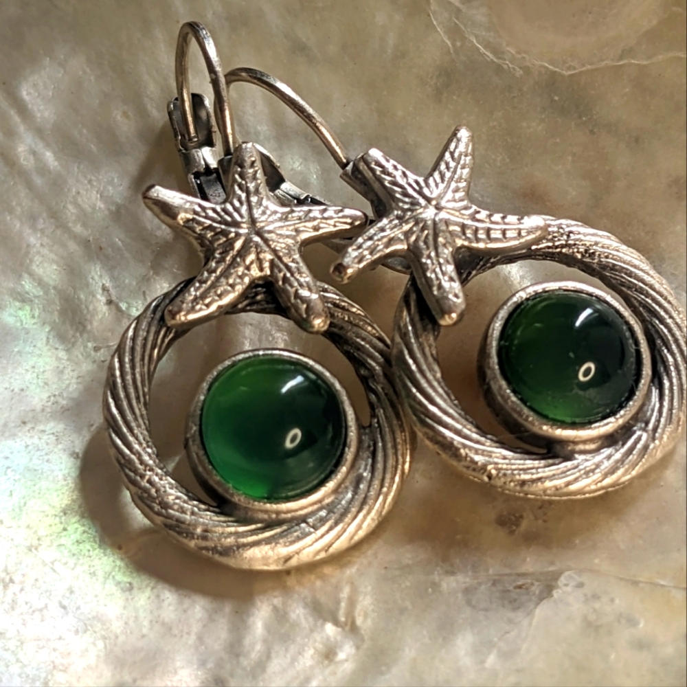 Natural Brazilian Green Onyx and Starfish Earrings Silver Plated